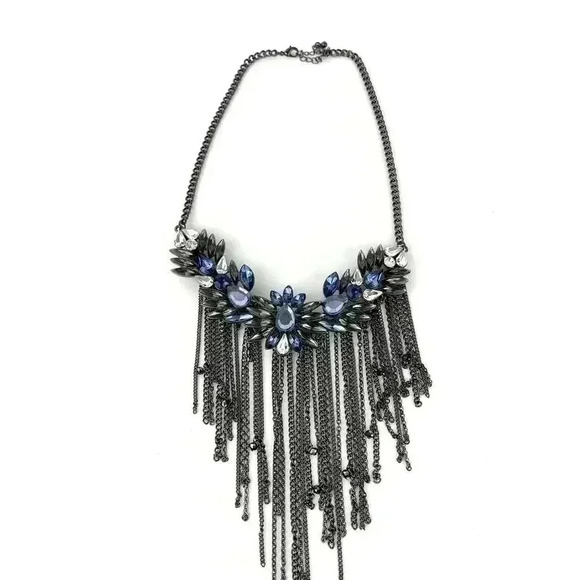 Gray Metal Rhinestone Chain Statement Necklace 13" Blue Clear Retro Boho Dangle - Picture 10 of 11